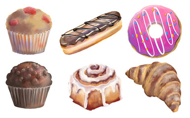Collection of sweet pastries: croissant, cinnamon roll, donut with pink glaze, chocolate eclair, chocolate muffin and strawberry muffin. Hand-drawn dessert set, isolated on white.

