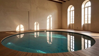 Circular pool in a light-filled room