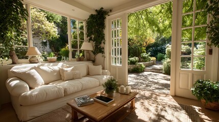 Naklejka premium Serene and elegant living room with plush white couches and French doors opening wide to a lush, perfectly manicured garden, bathed in golden sunlight.
