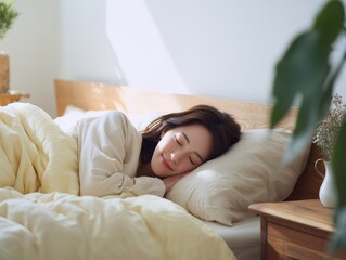 柔らかな日差しの中で安らかに眠る日本人女性のポートレート
