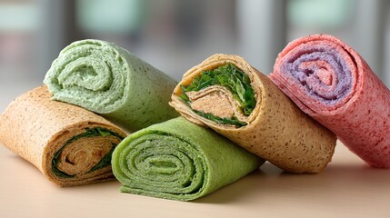 Colorful healthy wraps kitchen food photography indoor close-up fresh ingredients for nutritional appeal