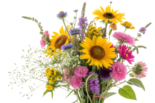 Colorful bouquet of summer flowers isolated on transparent background