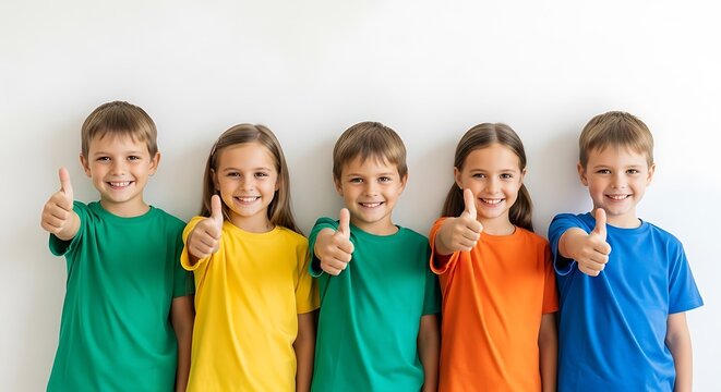 Five happy diverse children giving thumbs up in colorful t-shirts, celebrating success and positive vibes - Powered by Adobe