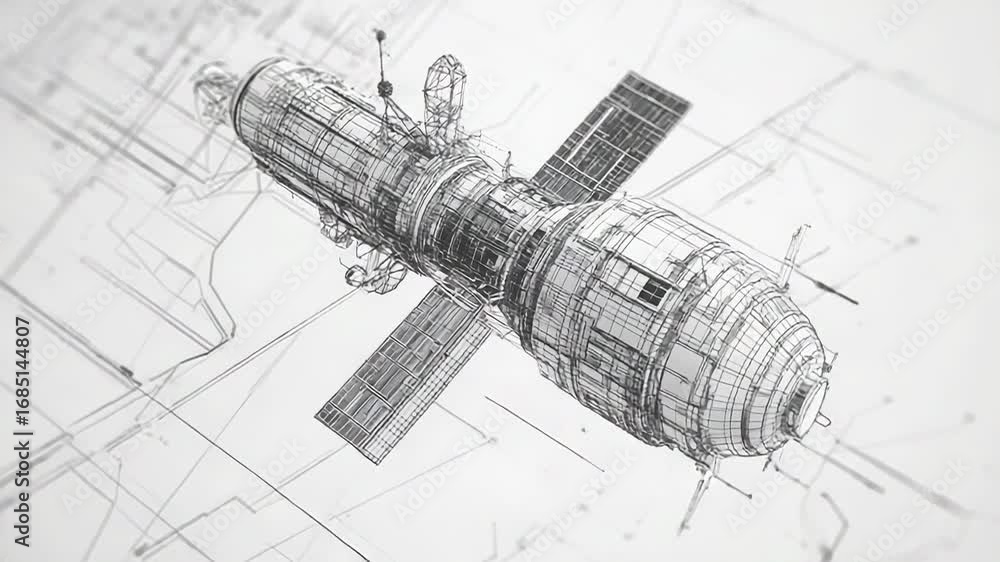 Poster complex wireframe model of space station floating over blueprint