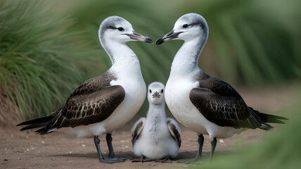 Bird family with two adults and chick on natural ground with green foliage for wildlife photography and nature education