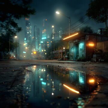 Rainy city night with neon reflections, moody cyberpunk aesthetic, cinematic urban photography, futuristic street vibes, 16:9 