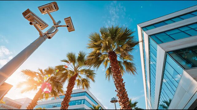 Group of CCTV security cameras fixed on high pole positioned in sunny business zone with palm trees and office buildings, symbolizing smart city infrastructure and public area monitoring.