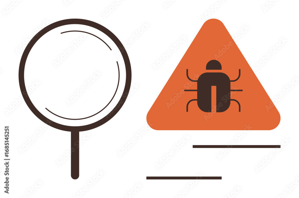 Poster magnifying glass next to orange triangle with bug icon. ideal for analysis, debugging, inspection, p