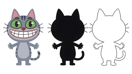 Obraz premium Cartoon cat character in full color, black silhouette, and white outline for design, animation, and educational themes