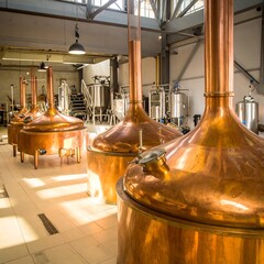 Shiny copper brewing equipment fills a spacious brewery