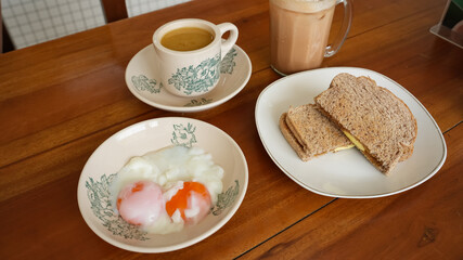 Assorted Kopitiam menu, coffee, milk tea, kaya toast and onsen egg