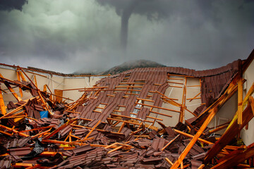 demolished house ruin, rubble, stormy sky, insurance claim natural disaster extreme weather global warming