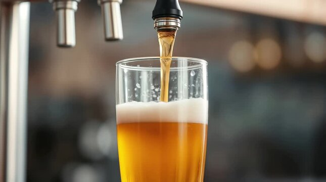 Pouring beer into a glass from a tap at a bar