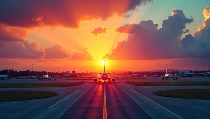 A vibrant sunset over a Mexican airport runway, with airplanes taxiing Ready for takeoff or arrival, capturing the essence of travel to Mexico , airplane, sunset