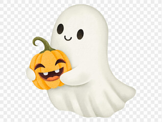 Watercolor ghost hugging pumpkin cute Halloween illustration Vector.