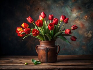 Still life of vibrant red tulips in a rustic vase on a wooden table against a dark background