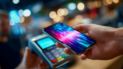 Person making contactless payment with smartphone at a card terminal, digital technology concept