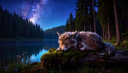 Sleepy wolf rests by a lake under a starry night sky