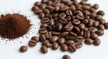 Obraz premium Rich, aromatic coffee beans and finely ground powder create the perfect morning brew experience