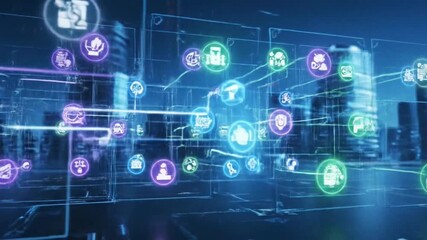 Digital network of icons representing services and connections in a futuristic city - Powered by Adobe