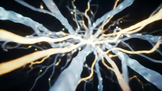 myelination beginning, white sheaths glowing around axons, enabling faster electrical conduction like lightning wires forming