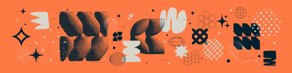 Collection of Universal trendy geometric bright bold shapes, minimalistic bizarre and brutalism abstract elements, Vector y2k aesthetic graphic assets, brutal and dithering symbols set 3