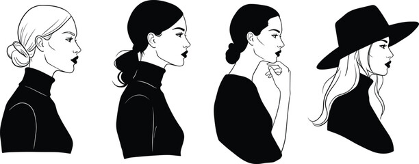 Elegant profile illustrations of four fashionable women, showcasing diverse hairstyles, poses, and styles including a hat and thoughtful expression.