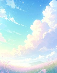 Fototapeta premium Pastel sky and field landscape. Soft, pastel colors of sky, clouds, and flowers