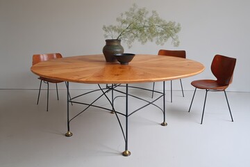 Fototapeta premium A round wooden dining table with metal legs and chairs.