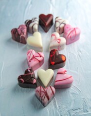 Assortment of heart-shaped chocolates in various colors and patterns
