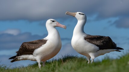 Obraz premium Two albatrosses standing on grassy terrain with blue sky and clouds in natural wildlife interaction outdoor scene