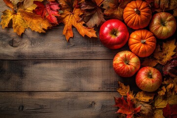 Autumnal display of vibrant fall leaves, apples, and pumpkins on a rustic wooden surface.