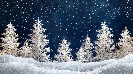 Obraz premium Magical winter wonderland landscape with snow-covered fir trees under a sparkling starlit night sky. Serene and peaceful seasonal holiday background illustration