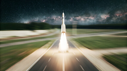 Spaceship launching into sorry night sky space exploration concept