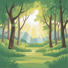 Sunlit Forest Clearing with Lush Greenery and Pathway for Serene Scene