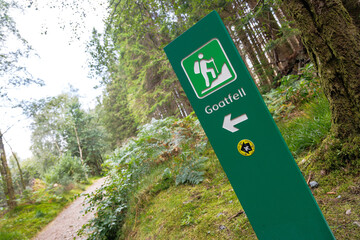 Signpost marking the Goatfell footpath on the Isle of Arran, Scotland, surrounded by natural...
