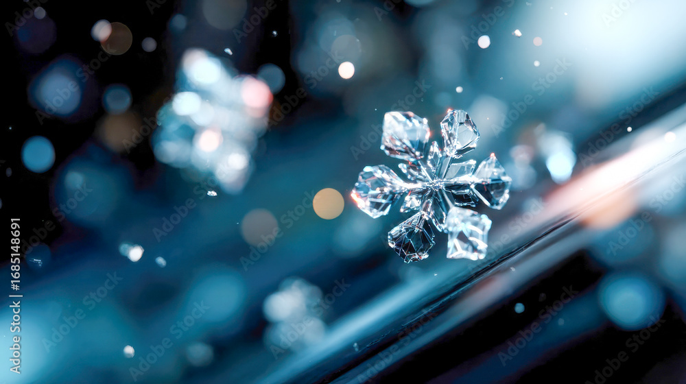 Poster detailed view of a crystal snowflake with frosty edges on a dark blurred background
