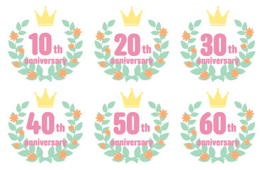 カラフルで可愛い花と月桂樹と王冠のアニバーサリーアイコンセット　10周年、20周年、30周年