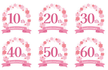 周年記念アイコンセット　ピンクの花の周年アイコン　10周年、20周年、30周年、40周年、50周年