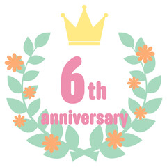 カラフルで可愛い花と月桂樹と王冠のアニバーサリーアイコン　6周年