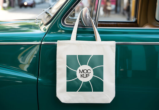 Tote Bag Mockup with Classic Car