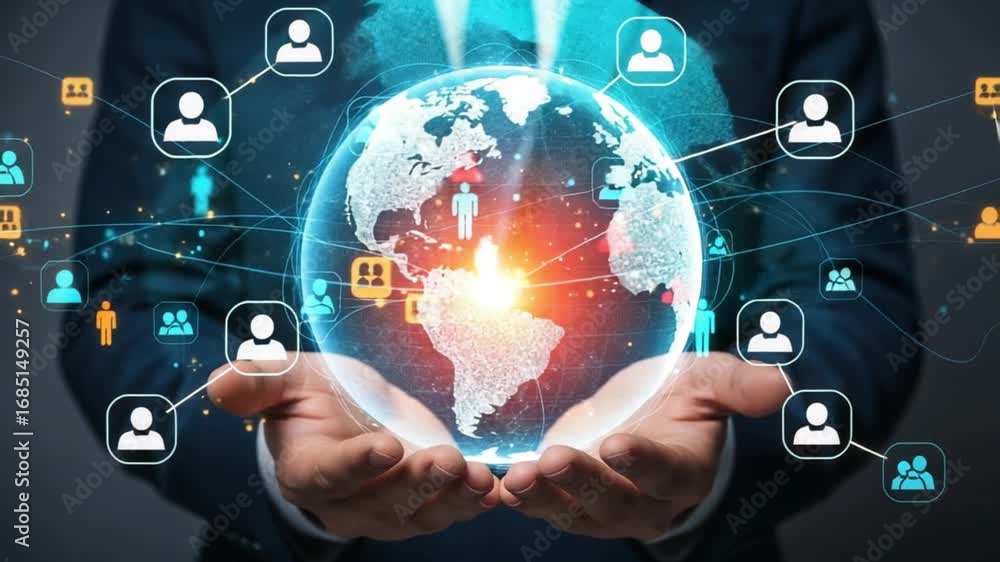 Aufkleber a person holding a globe with network connections and icons representing global communication concep