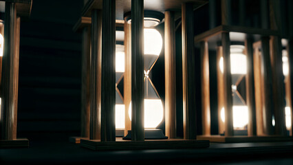 Sand running through hourglass bulbs Time passing a deadline concept