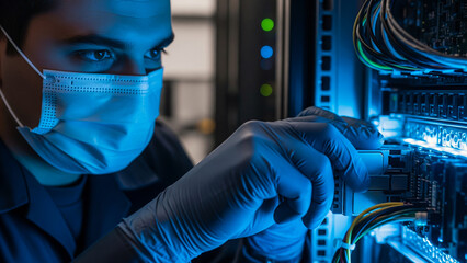 Technician in Mask and Gloves Working on Server Hardware