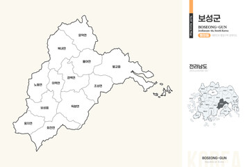 Obraz premium 전라남도 보성군 행정동 윤곽선 지도