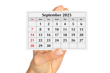Page of the annual monthly calendar august 2025 in hand. Isolated on transparent png