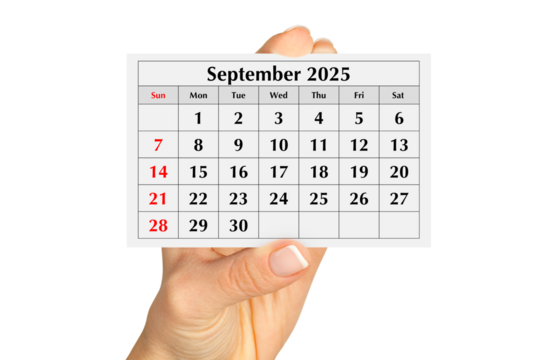 Page of the annual monthly calendar august 2025 in hand. Isolated on transparent png - Powered by Adobe