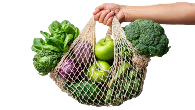 Hand holding a mesh produce bag filled with various fresh vegetables and fruit