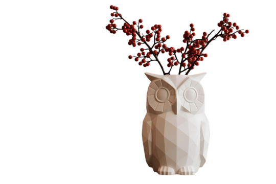 White owl shaped vase with red berries isolated on transparent background
