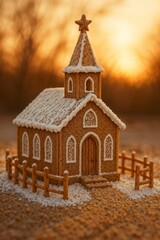 Fototapeta premium Row of decorative gingerbread houses with Christmas lights and holiday decorations
